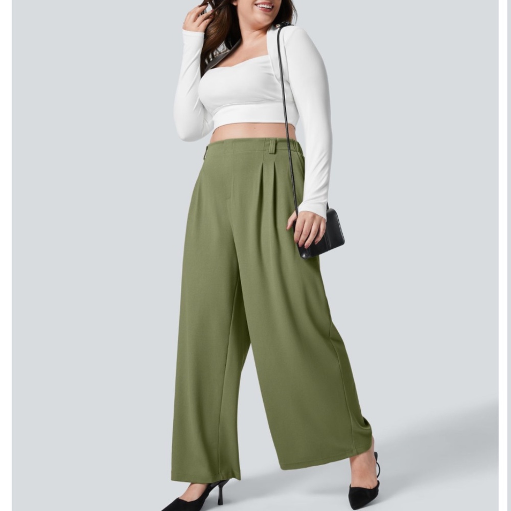 Halara Flex High Waisted Pocket Wide Leg Waffle Work Pants Loden Green Sz L NWT - Picture 2 of 9